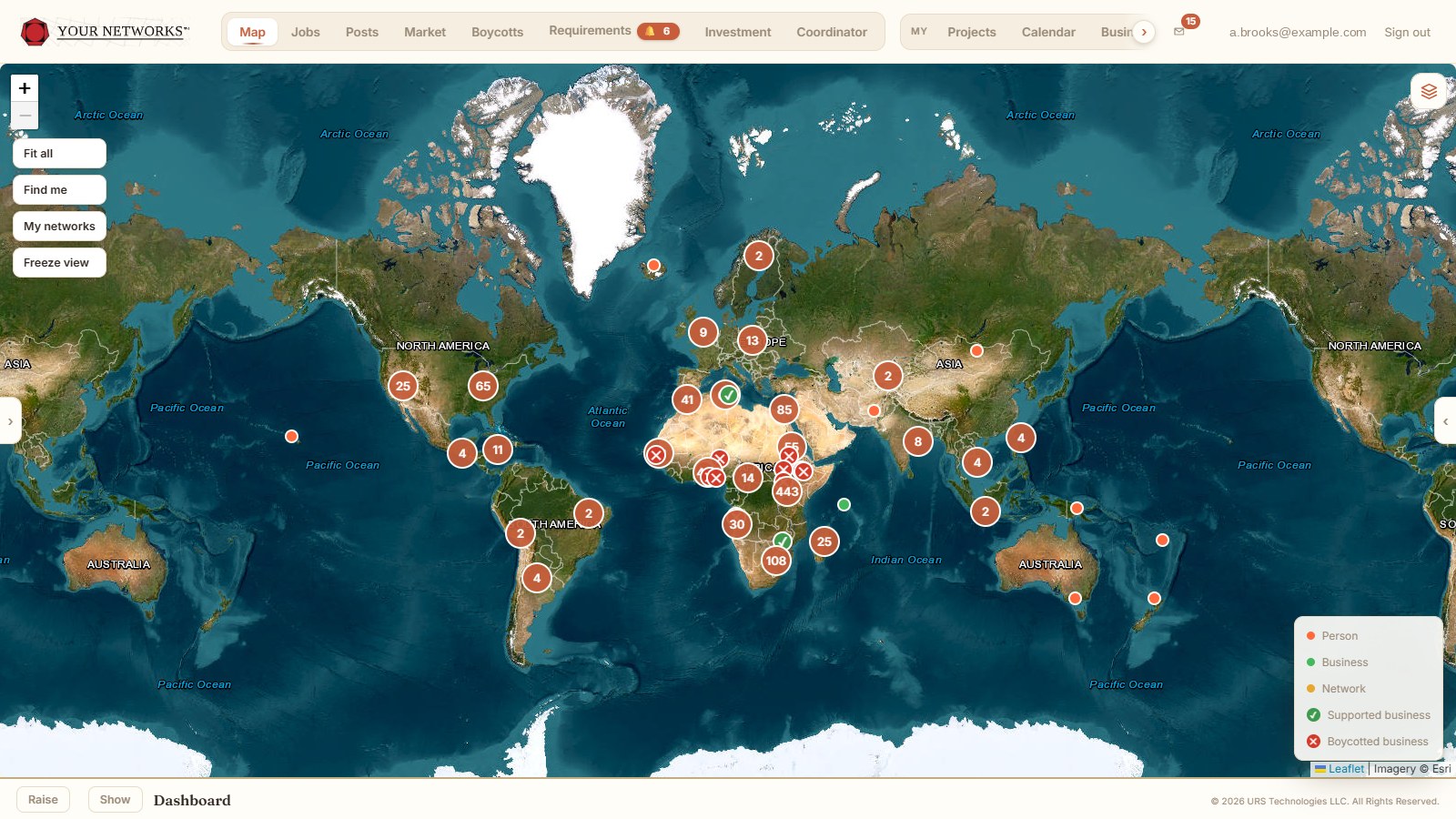 People, businesses and networks placed across a shared world map, clustered by region, with a legend for supported and boycotted businesses.